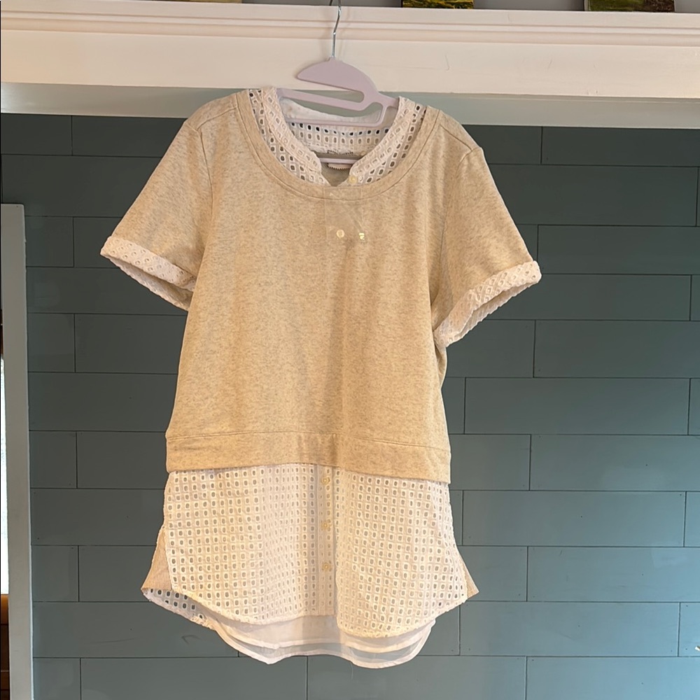 Anthropologie Picnic Overlay eyelet Cream and White Layered Short Sleeve Top